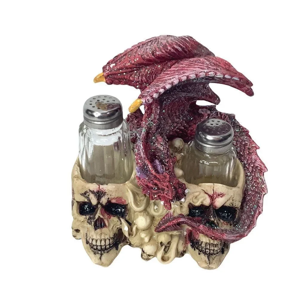 SALT & Pepper‎ Shaker Set Medieval Purple Dragon and Skulls holder